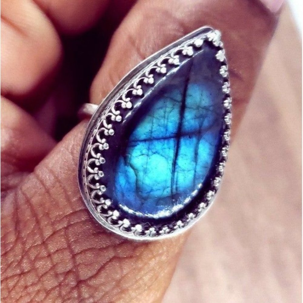 Blue Labradorite Sterling silver crystal ring handmade tear drop shape crown